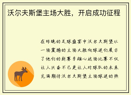 沃尔夫斯堡主场大胜，开启成功征程