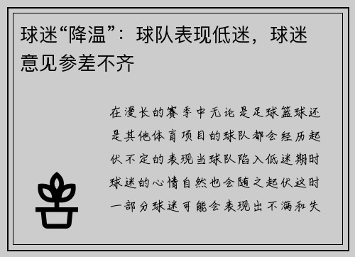 球迷“降温”：球队表现低迷，球迷意见参差不齐